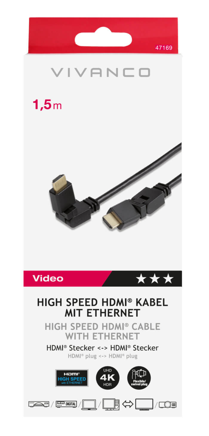 High Speed HDMI® cable with Ethernet, 2x 360 degree HDMI A plug, 1,5m - Image 2