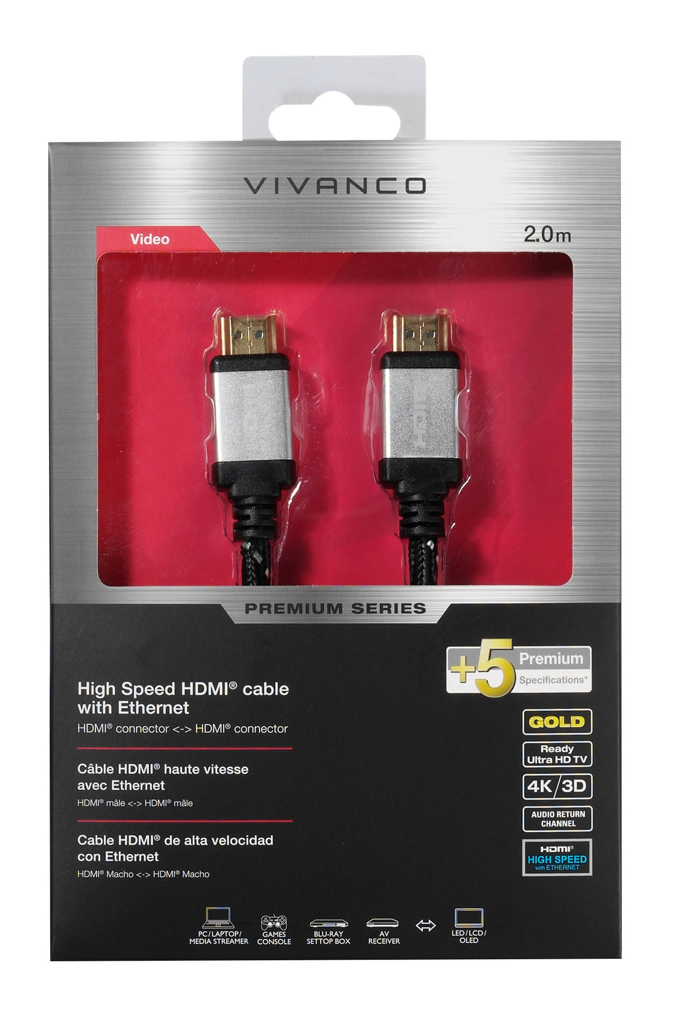 Premium High Speed HDMI® cable with Ethernet, 2m - Vivanco
